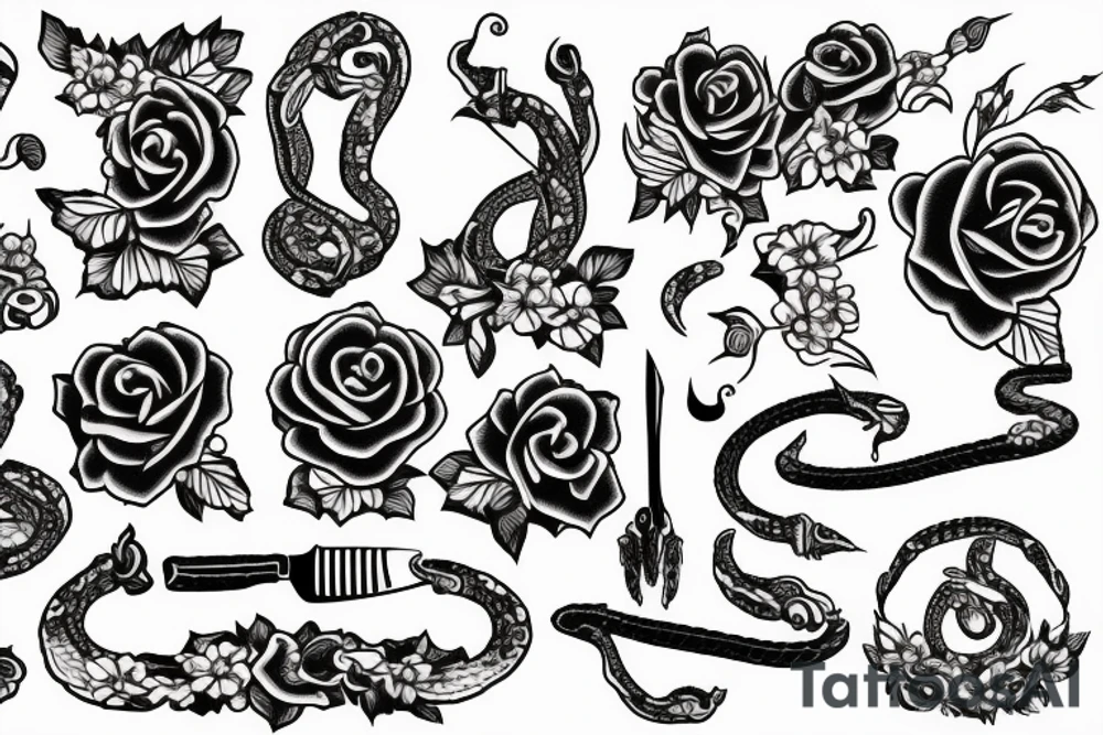 knife with flowers and snake tattoo idea