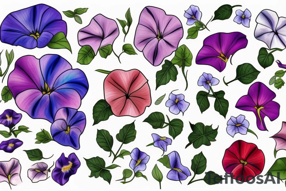 Different colored flowers and morning glory tattoo idea