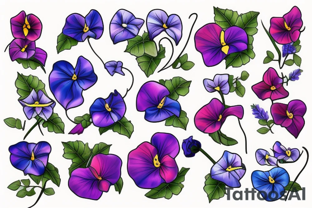 Different colored flowers and morning glory tattoo idea