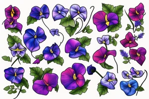 Different colored flowers and morning glory tattoo idea