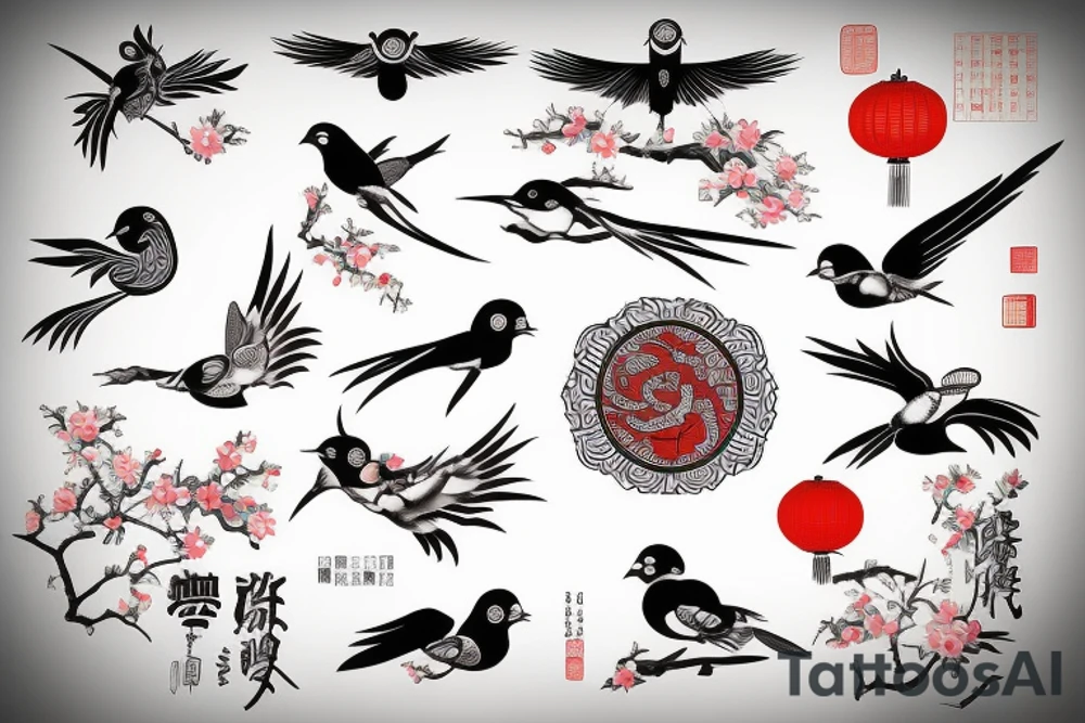 Bird sword Chinese house tattoo idea