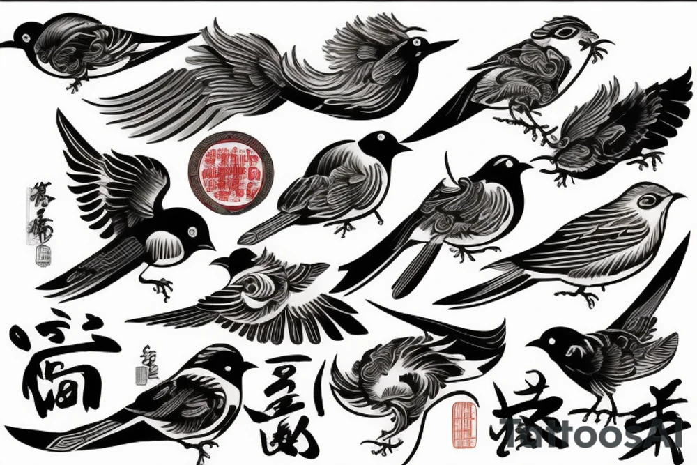 Bird sword Chinese house tattoo idea