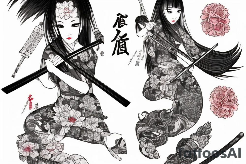 japanese girl with katana, sakura, color, tattoo idea
