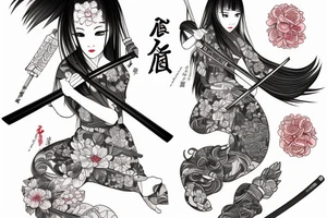 japanese girl with katana, sakura, color, tattoo idea