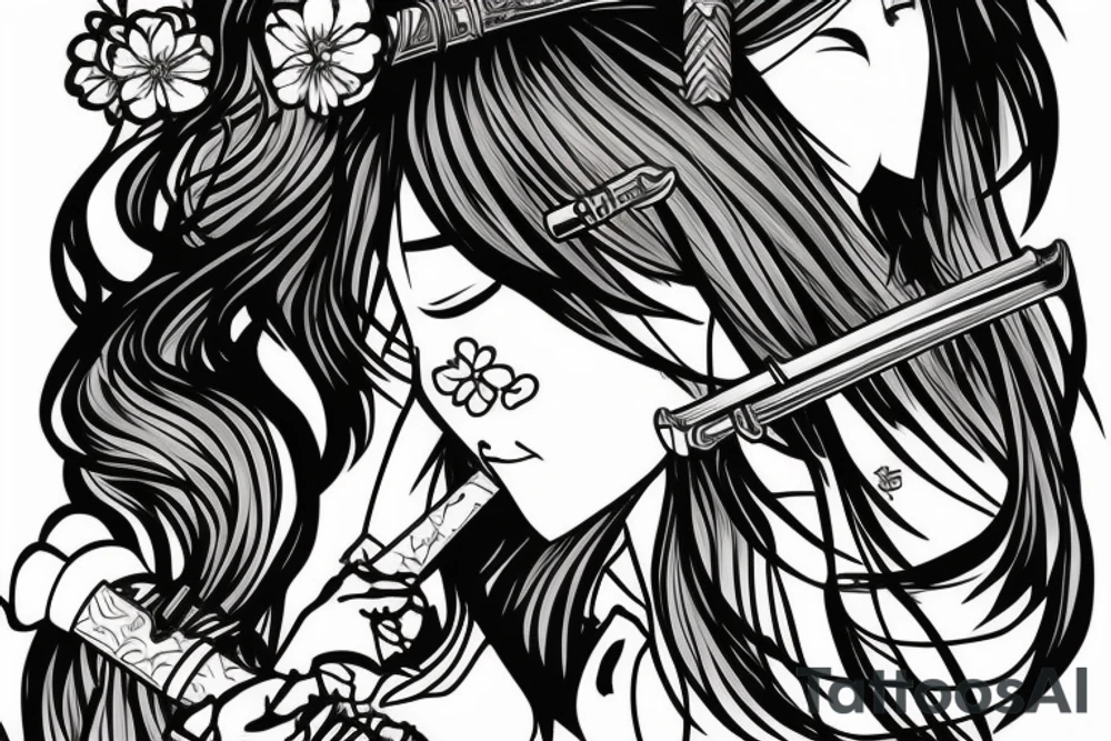 japanese girl with katana, sakura, color, tattoo idea