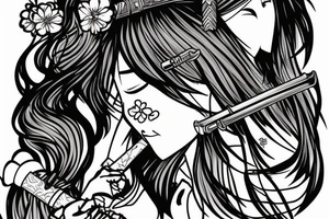 japanese girl with katana, sakura, color, tattoo idea