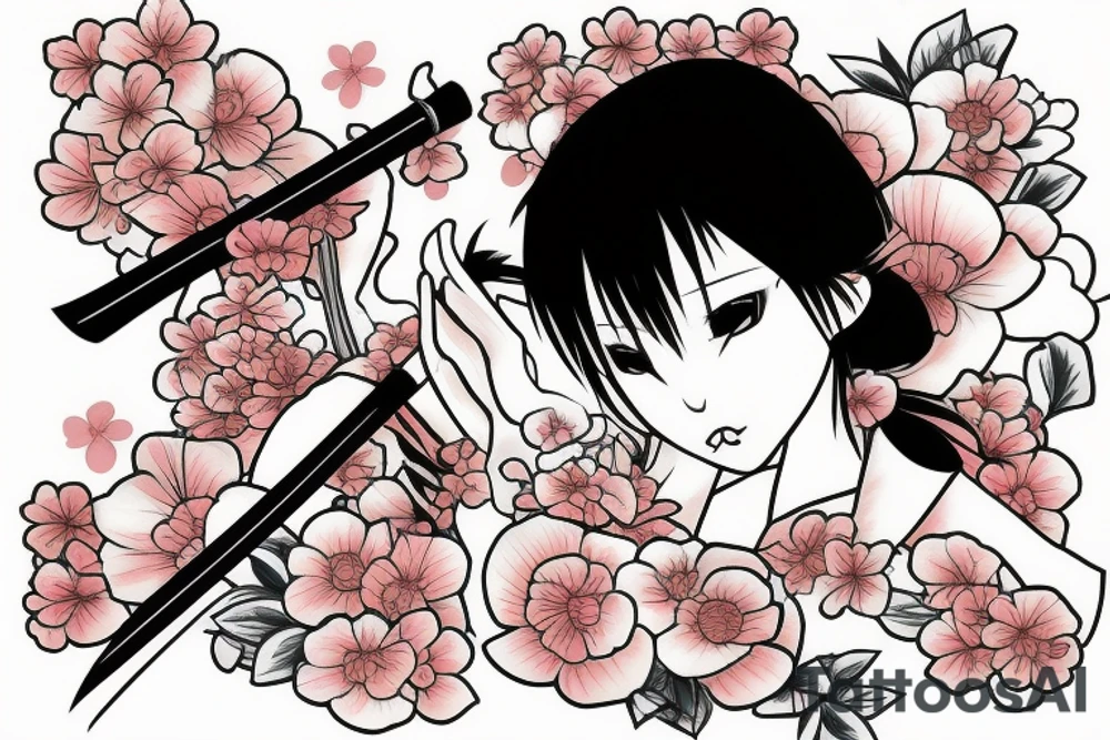 japanese girl with katana, sakura, color, tattoo idea