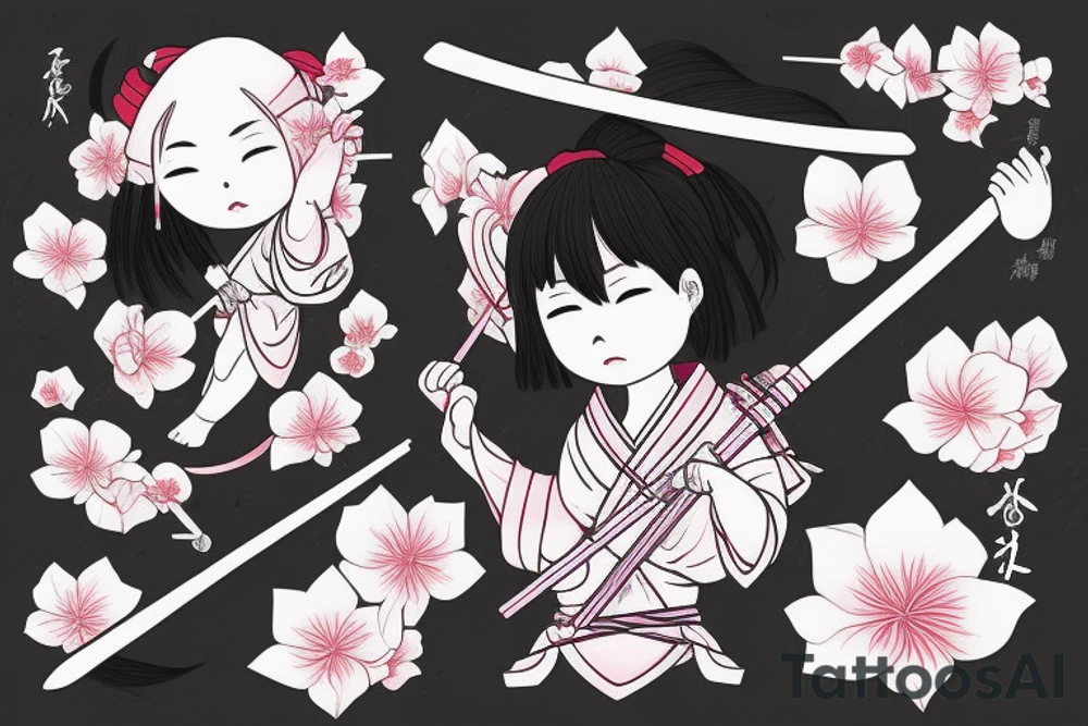 japanese girl with katana, sakura, color, tattoo idea