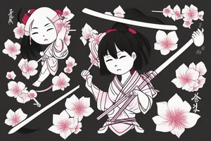 japanese girl with katana, sakura, color, tattoo idea