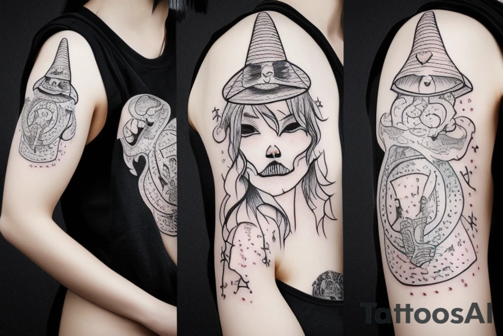 cute ghost with witch hat tattoo idea