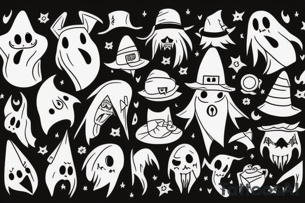cute ghost with witch hat tattoo idea