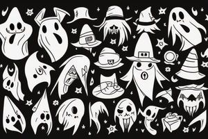 cute ghost with witch hat tattoo idea