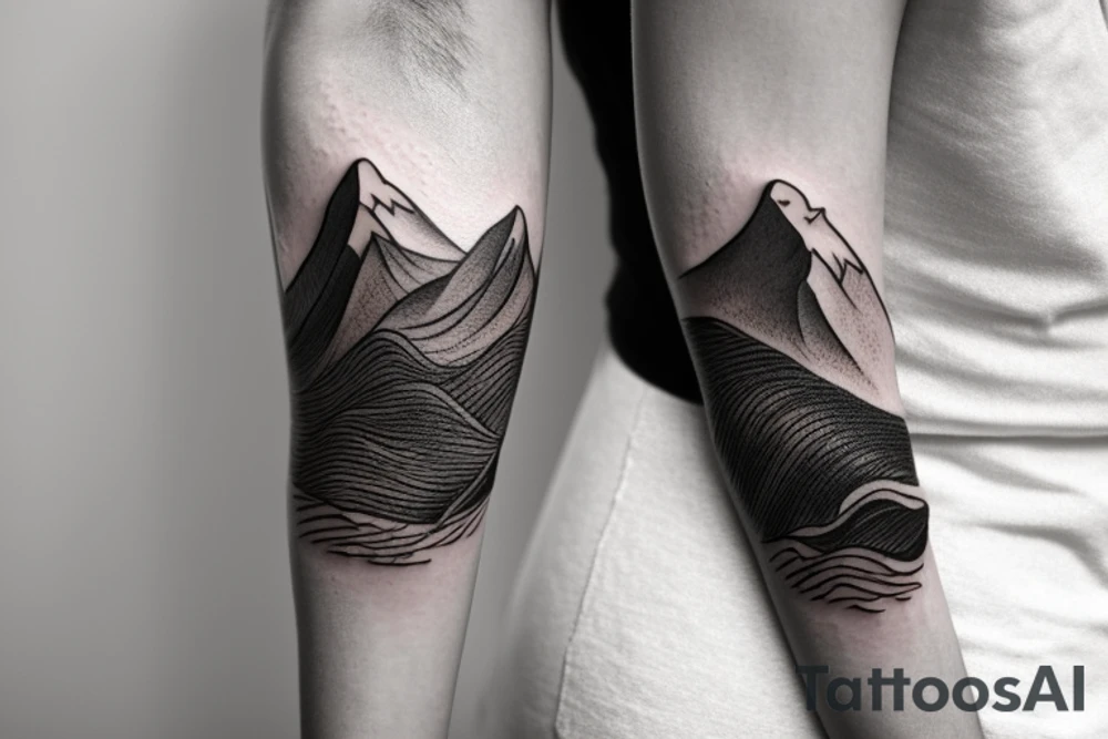 an armband tattoo that wraps around the arm, featuring a unique and modern design composed of interconnected lines inspired by nature such as waves, mountains, and trees. The tattoo is a symbol of strength, resilience, and connection to the natural world, and a representation of the artistry and creativity of tattooing. The design is bold, black and white, with subtle shading and highlights to add depth and dimension. tattoo idea