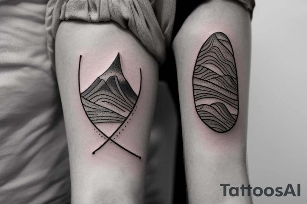 an armband tattoo that wraps around the arm, featuring a unique and modern design composed of interconnected lines inspired by nature such as waves, mountains, and trees. The tattoo is a symbol of strength, resilience, and connection to the natural world, and a representation of the artistry and creativity of tattooing. The design is bold, black and white, with subtle shading and highlights to add depth and dimension. tattoo idea