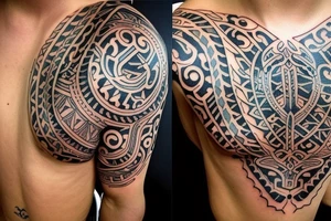 Ethnic tattoo on the chest with a transition to the shoulder tattoo idea