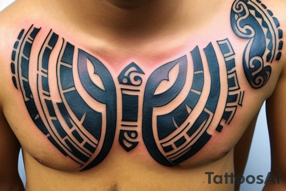Ethnic tattoo on the chest with a transition to the shoulder tattoo idea