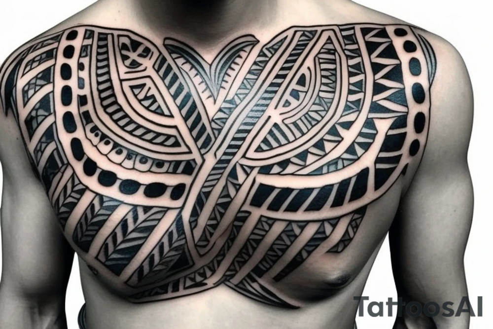 Ethnic tattoo on the chest with a transition to the shoulder tattoo idea