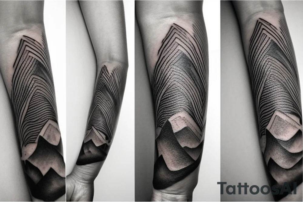 an armband tattoo that wraps around the arm, featuring a unique and modern design composed of interconnected lines inspired by nature such as waves, mountains, and trees. The tattoo is a symbol of strength, resilience, and connection to the natural world, and a representation of the artistry and creativity of tattooing. The design is bold, black and white, with subtle shading and highlights to add depth and dimension. tattoo idea