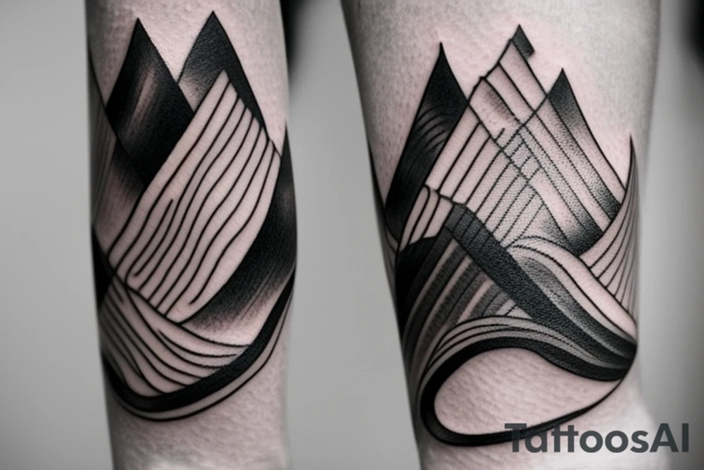 an armband tattoo that wraps around the arm, featuring a unique and modern design composed of interconnected lines inspired by nature such as waves, mountains, and trees. The tattoo is a symbol of strength, resilience, and connection to the natural world, and a representation of the artistry and creativity of tattooing. The design is bold, black and white, with subtle shading and highlights to add depth and dimension. tattoo idea