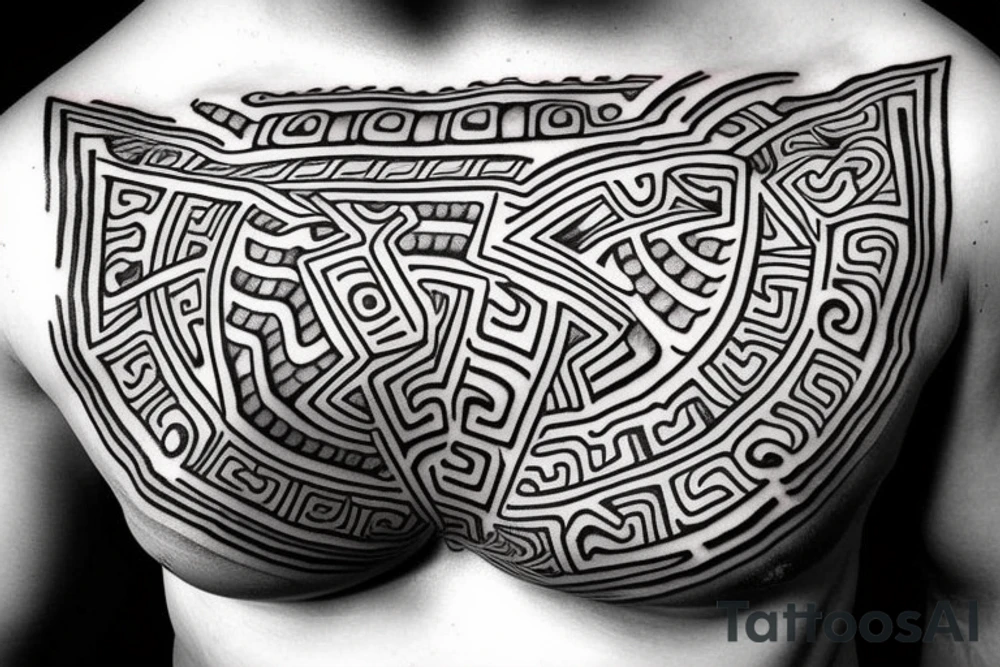 Ethnic tattoo in the Aztec style on the chest and shoulder tattoo idea
