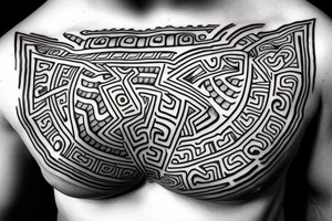 Ethnic tattoo in the Aztec style on the chest and shoulder tattoo idea