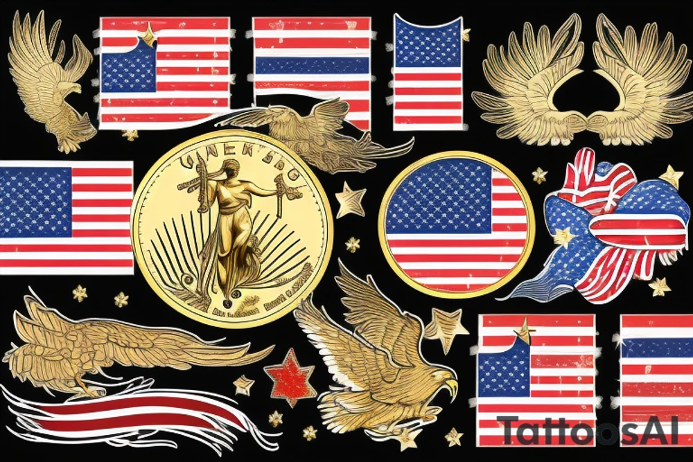 gold eagle with usa flag in background tattoo idea