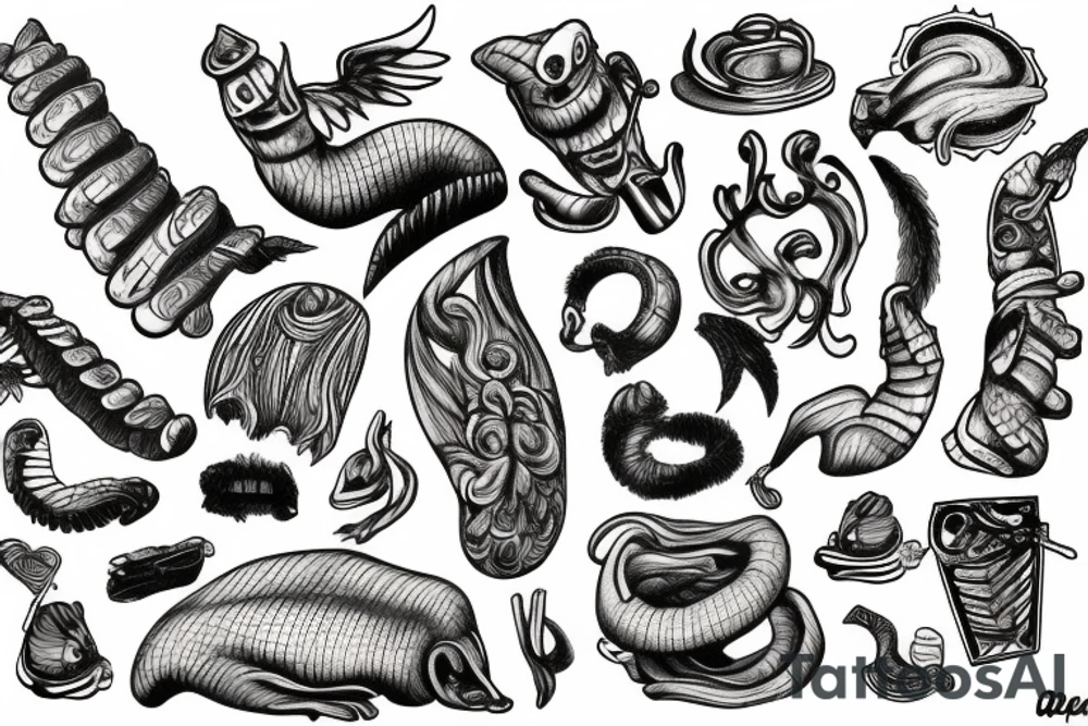 Surreal objects on ribs tattoo idea
