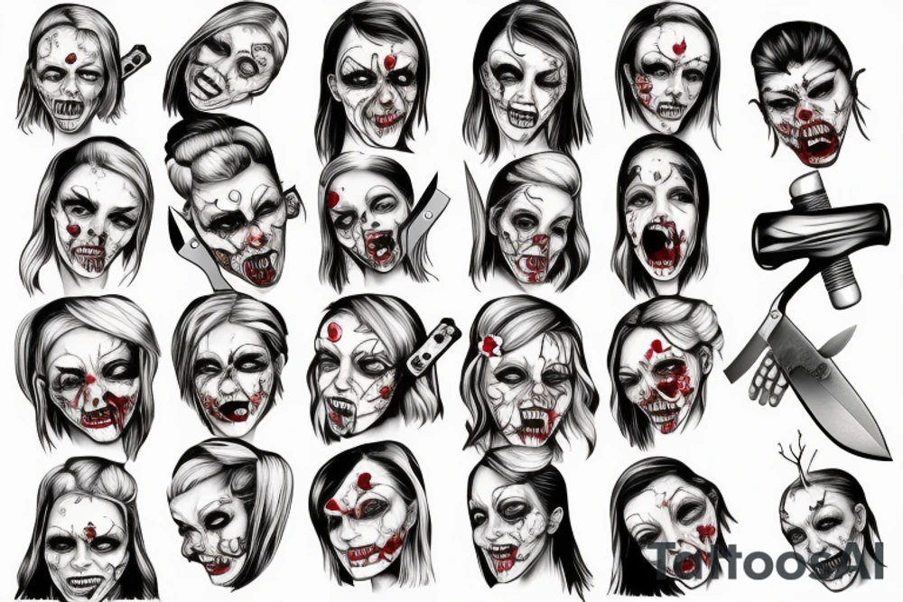 Evil zombie nurse smiles with a knife in her hands tattoo idea