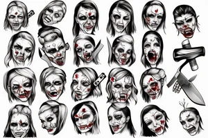 Evil zombie nurse smiles with a knife in her hands tattoo idea