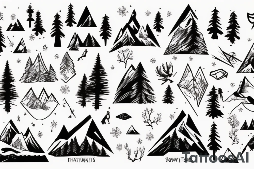snowboarder in the mountains and forest tattoo idea
