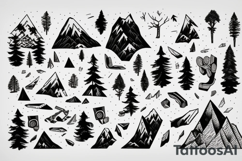 snowboarder in the mountains and forest tattoo idea