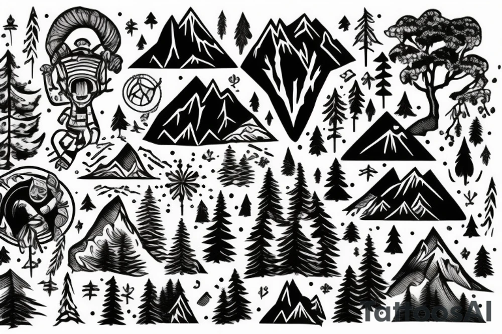 snowboarder in the mountains and forest tattoo idea