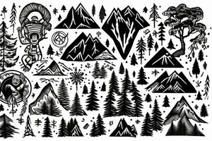 snowboarder in the mountains and forest tattoo idea