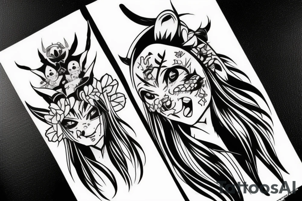 Oni mask and anime girl tattoo idea