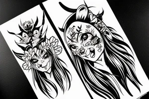 Oni mask and anime girl tattoo idea