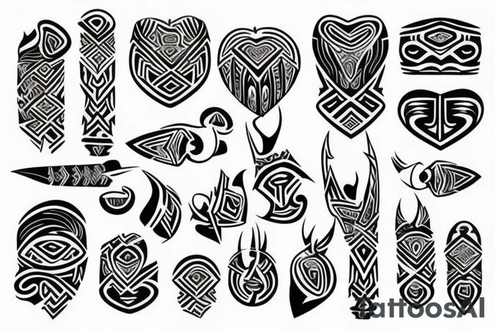 long tiny trible with crest and heart tattoo idea