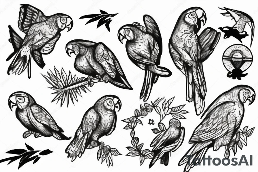 Forest with parrots flying above lake tattoo idea
