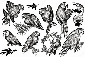Forest with parrots flying above lake tattoo idea