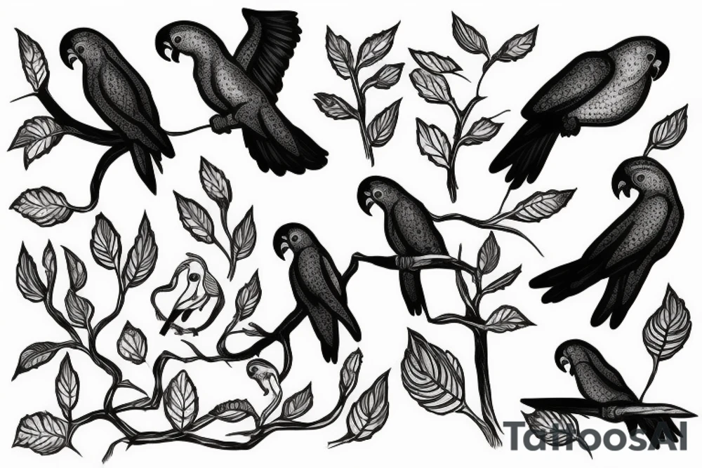 Forest with parrots flying above lake tattoo idea
