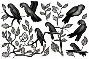 Forest with parrots flying above lake tattoo idea