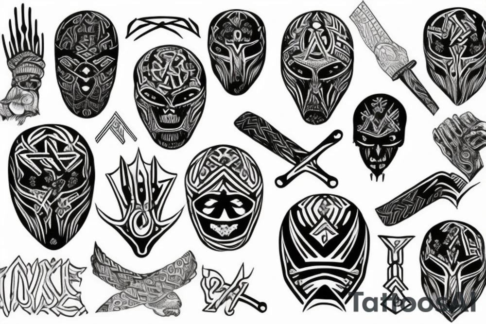 rune-patterned scandinavian horror helmet tattoo idea
