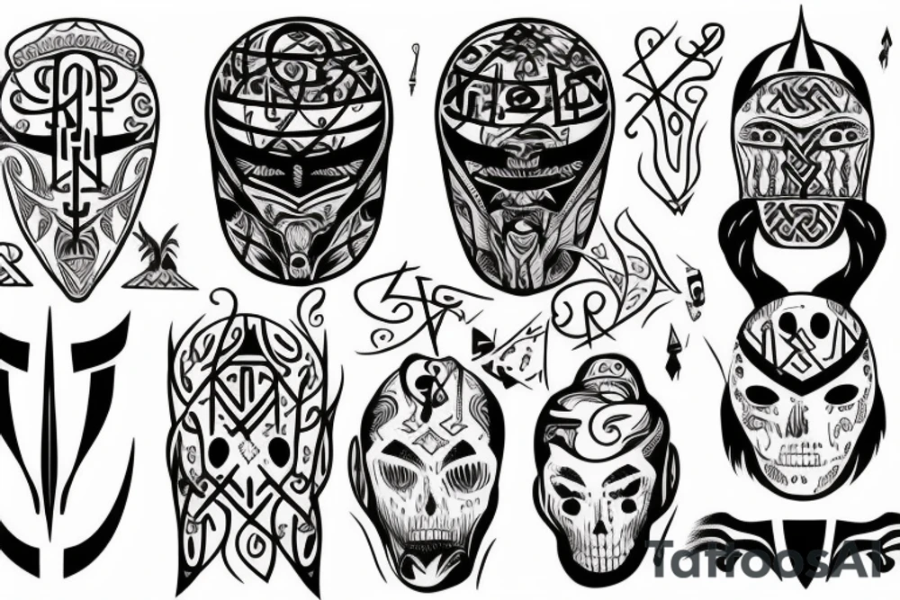 rune-patterned scandinavian horror helmet tattoo idea