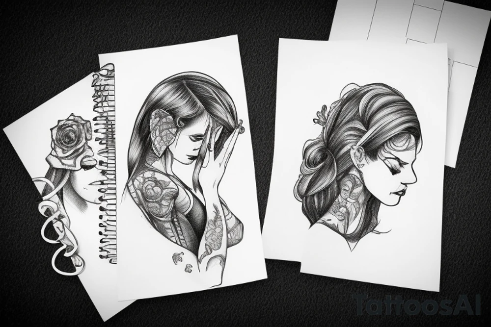 Women lying on the floor and covers her ears with her hands tattoo idea