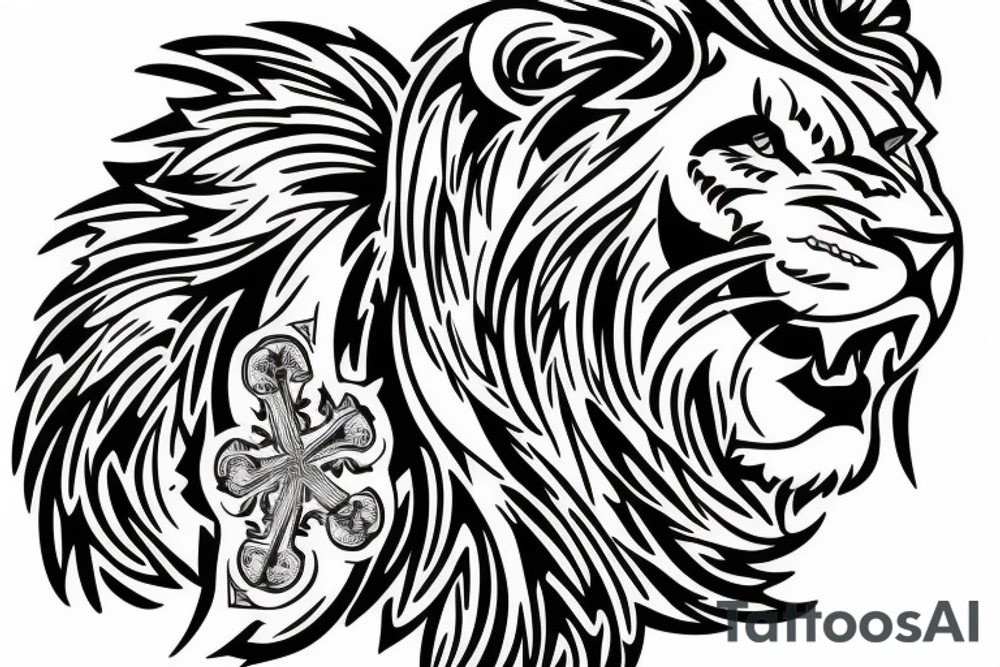 cross with lion tattoo idea