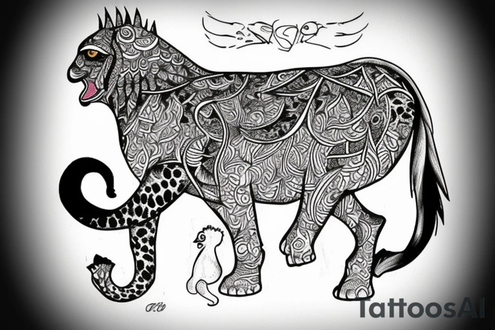 Persian cheetah with rooster body and elephant feet tattoo idea