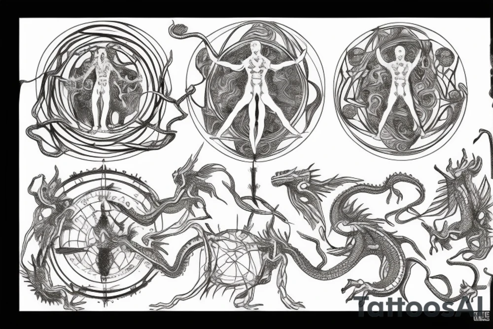 Vitruvian man in the center and five dragons in the form of elements - water, air, fire, earth and ether tattoo idea