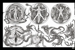 Vitruvian man in the center and five dragons in the form of elements - water, air, fire, earth and ether tattoo idea