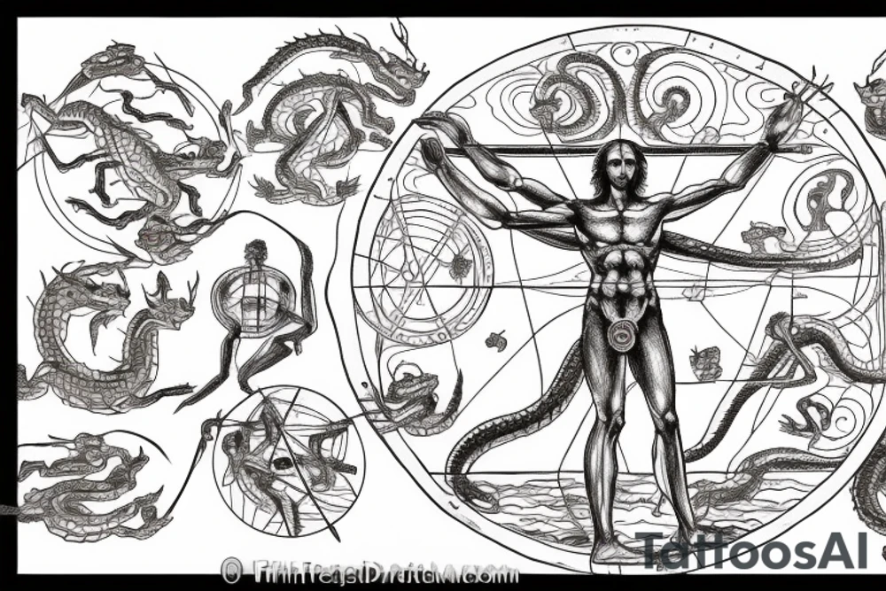 Vitruvian man in the center and five dragons in the form of elements - water, air, fire, earth and ether tattoo idea