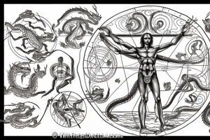 Vitruvian man in the center and five dragons in the form of elements - water, air, fire, earth and ether tattoo idea