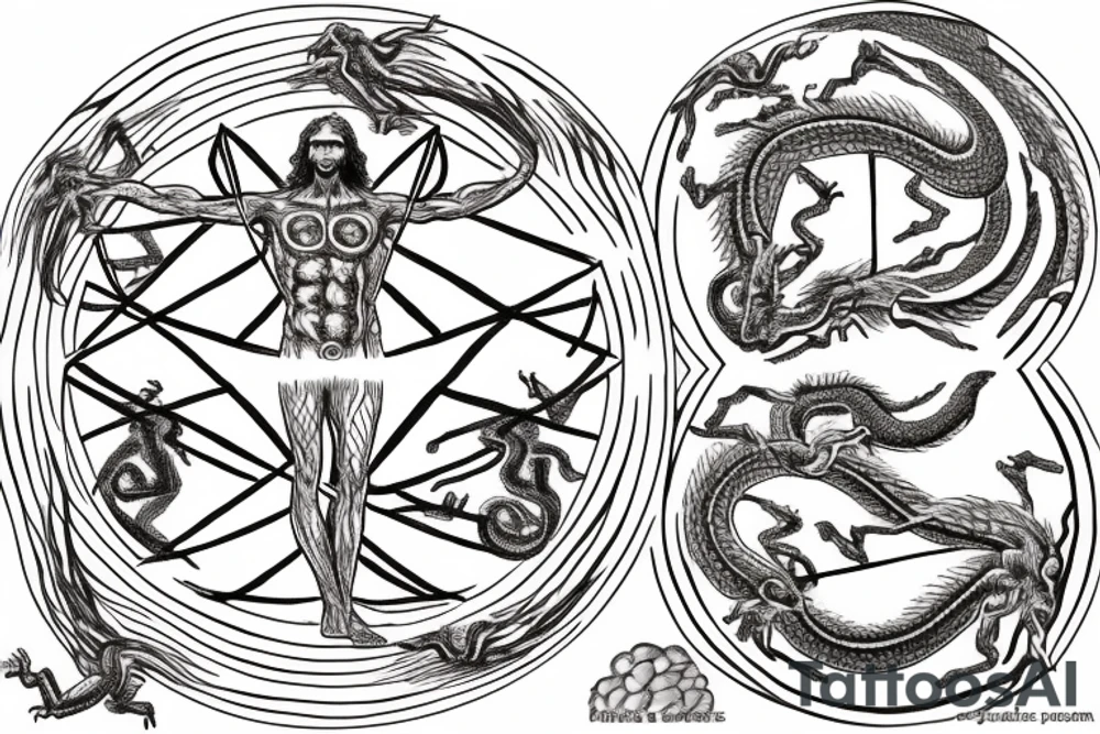 Vitruvian man in the center and five dragons in the form of elements - water, air, fire, earth and ether tattoo idea